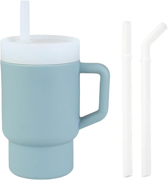 PandaEar Kids Tumbler Silicone Toddler Cup with Straw and Handle, 9.5oz Spill-Proof Training Cup for Baby, BPA-Free, Easy to Clean -Blue (Blue)