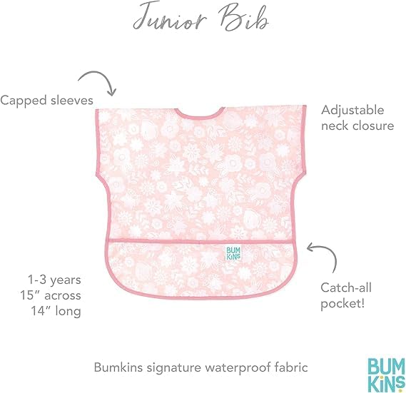 Bumkins - Junior Bib - For Boys & Girls, Toddlers & Kids 1-3 Years - Lightweight, Durable, Waterproof - Short Sleeve Bib - Catch-All Pocket - Wipeable & Machine Washable - Floral & Lace - 2 Pack