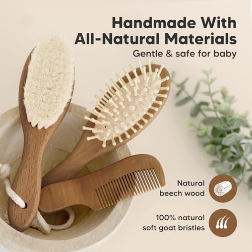 Keababies Baby Hair Brush and Comb Set and Baby Washcloths - Wooden Brush with Soft Goat Bristle - Towels and Washcloths for Newborns, Infants, Kids