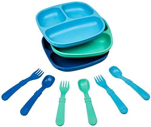 Re-Play Toddler Dinnerware Set - 3 Divided Plates with 3 Fork and Spoon Sets - BPA-Free Kids Tableware - Dishwasher Safe - Made in USA from Recycled Materials, True Blue