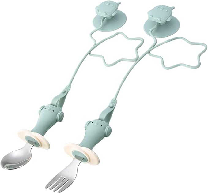 Zerodeko 1set Fork and Spoon Training Utensils Cup and -Drop Chain for Toddlers for First Stage Weaning
