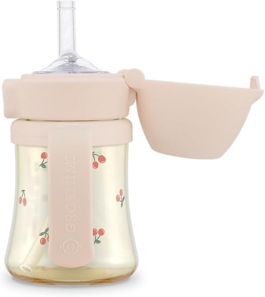 GROSMIMI Flip Top Spill Proof Sippy Cup, PPSU, BPA Free, 6 oz, Stage 2 Straw for Toddlers (Cherry)