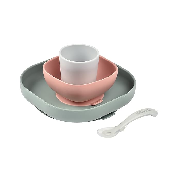 BEABA Silicone 4 Piece Baby Feeding Set, Suction Plates for Baby, High Grade Food Safe Silicone, Baby Must Haves, Eucalyptus