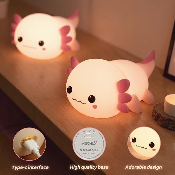 Mewaii Huggwaii Squishy Axolotl Night Light for Kids ??Dimmable Silicone Axolotl Lamp, 2025 Upgraded Baby Night Light, Rechargeable, 20H Battery Life, Sleep Aid Gift for Toddlers, Girls&Room Decor