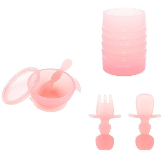 Bumkins Baby Bowl, Silicone Feeding Set with Suction for Baby and Toddler, Includes Double-Ended Spoon and Lid, Set of Chewtensils Training Utensils and Starter Cup, for Baby Led Weaning 4 Mos Up