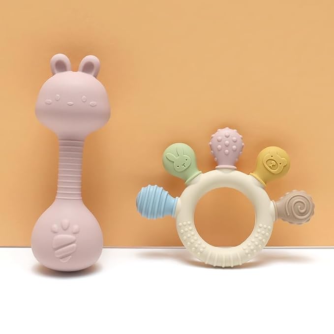 Baby Teether and Rattle Toy Set, BPA-Free, Food-Grade Silicone, Easy-Grip Teething Rattle for Babies, Soothing Teething Toy, Infant Sensory Toy for 3-24 Months (Cat)