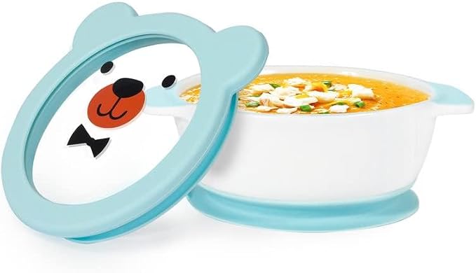 MR. CHOU Ceramic Baby Bowls with Suction Base, Infant Led Weaning Supplies with BPA Free Airtight Lid & Handles for Babies Self-feeding, 100% Food Grade Kid Bowls, Microwave & Dishwasher Safe, Blue