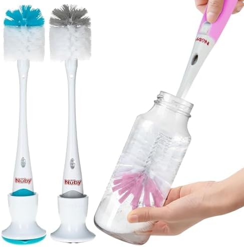 Nuby Bottle and Nipple Brush with Soft Bristles | 2 Pack: Blue & Grey or Pink & Lime | Accessory Cleaning Brush and Drying Stand