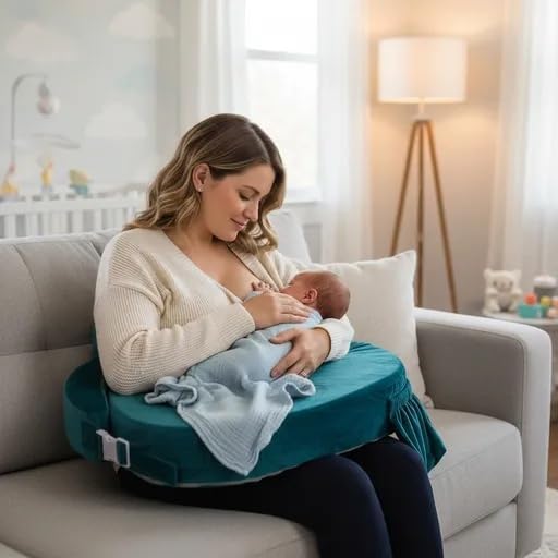 Deluxe Nursing Pillow with 2 Velvet Covers – Breastfeeding Pillow with Back Support, Adjustable Waist Strap, Storage Pocket & Travel Bag (Teal/Grey)