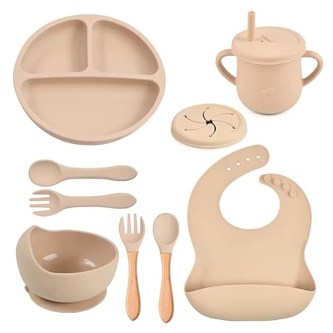 BPA-FREE 7-Piece Silicone Baby Feeding Set, Non-Toxic Plates and Utensils, Includes Divided Plate, Suction Bowl, Sippy Cup, Bib, Spoons and Fork (beige)