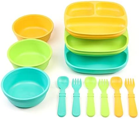 Re-Play Toddler Dinnerware Set - 3 Divided Plates, 3 Snack Bowls & 3 Fork and Spoon Sets - BPA-Free Kids Tableware - Dishwasher Safe - Made in USA from Recycled Materials, Aqua/Yellow/Lime