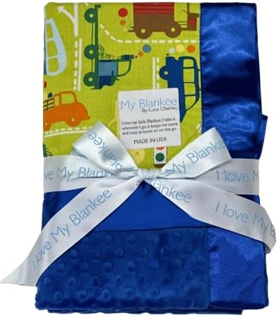 My Blankee Beep Beep Green Pima Cotton with Minky Dot Electric Blue Baby Blanket