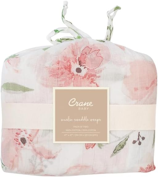 Crane Baby 100% Cotton Muslin Swaddle Blankets, Parker Pink Floral, Baby Swaddle Blanket, Set of 2, 47" x 47", Swaddles for Newborns, Baby Muslin Swaddle Blanket, Swaddle Blankets for Boys & Girls