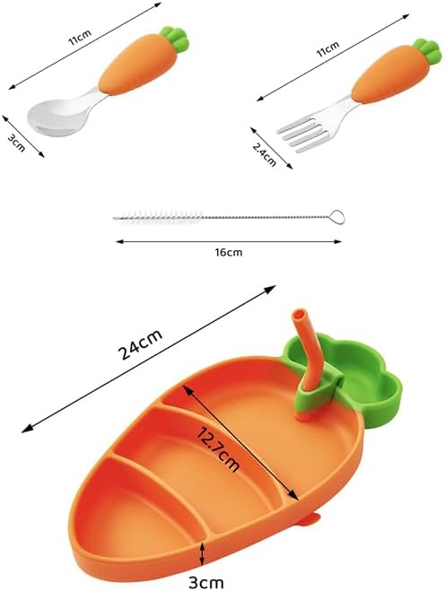 4-Piece Silicone Baby Feeding Set ??Baby Plates with Strong Suction, Toddler Plates Set, Unbreakable Food-Grade Silicone Divided Plate with Spoon, Fork & Straw Brush