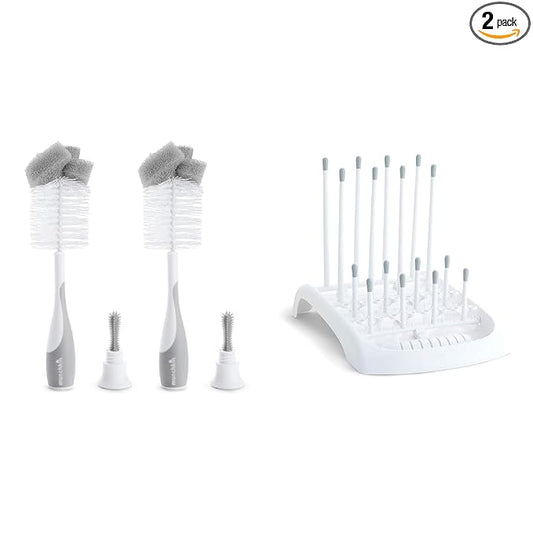 Munchkin® Sponge™ Bottle Brush, Grey, 2 Count (Pack of 1) & Fold™ Baby Bottle Countertop Drying Rack, White