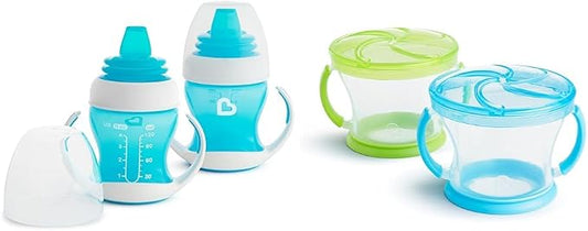 Munchkin® Gentle™ Transition Sippy Trainer Cup, 4 Ounce, 2 Pack, Blue & Snack Catcher® Toddler Snack Cups, 2 Pack, Blue/Green
