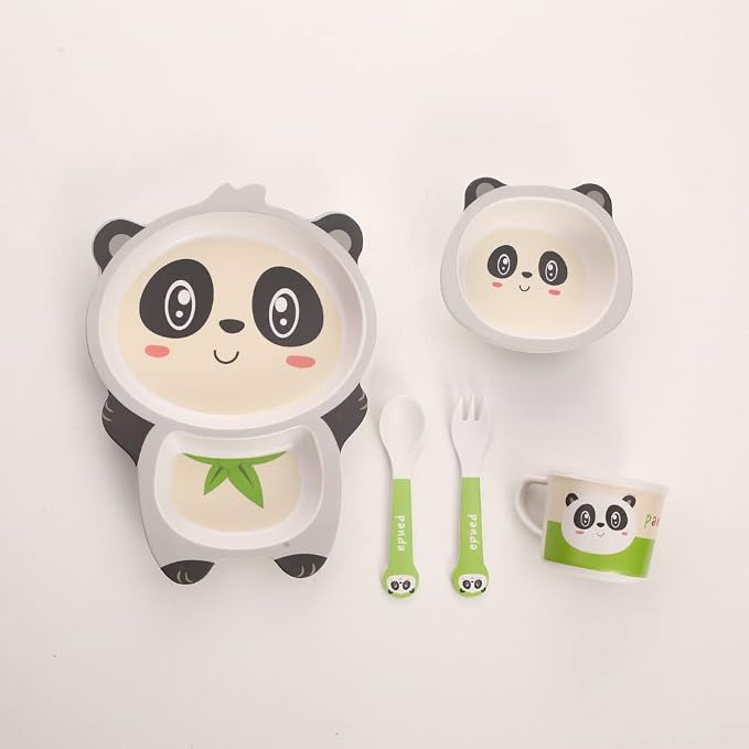 Kids Dinnerware Set Bamboo 5 Pcs with Plate Bowl Cup Fork Spoon (Panda)
