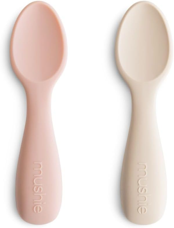 mushie Silicone Toddler Starter Spoons | 2 Pack (Blush/Shifting Sand)