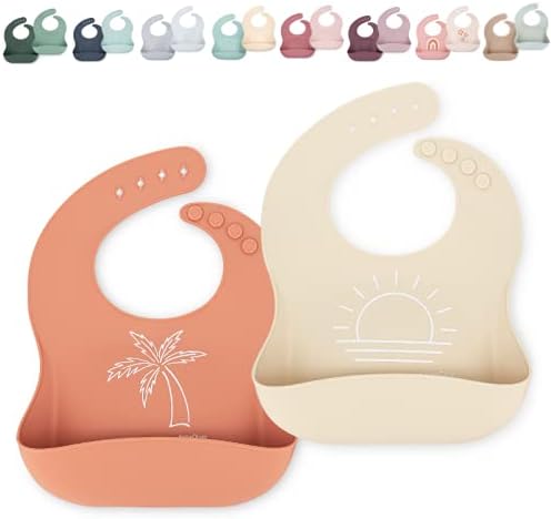 AVA + OLIVER Waterproof Silicone Bib Set with Adjustable Neck Closure - Durable Silicone Bibs for Babies - Set of 2