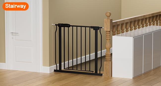 Narrow Baby Gates for Stairs Doorways Auto Close Tension Black Metal Child Pet Safety Gates with Pressure Mount 24-29 Inch Wide