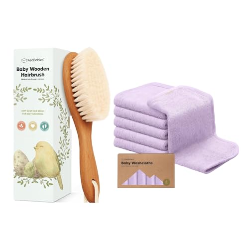 KeaBabies Baby Hair Brush and 6-Pack Baby Washcloths for Newborn - Wooden Brush with Soft Goat Bristles, Organic Wash Cloth, Cradle Cap Hairbrush for Newborns and Infants