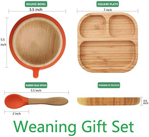 Baby Toddler Stay Put Dish, Kids Suction Plate & Bowl & Spoon, Bamboo Cute Dinnerware (Grey Set)