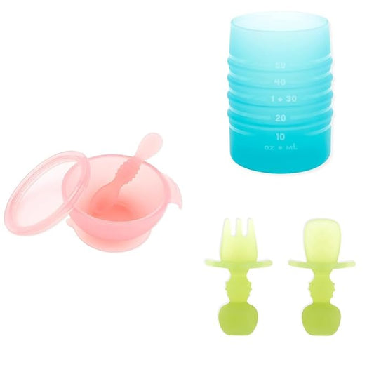 Bumkins Baby Bowl, Silicone Feeding Set with Suction for Baby and Toddler, Includes Double-Ended Spoon and Lid, Set of Chewtensils Training Utensils and Starter Cup, for Baby Led Weaning 4 Mos Up