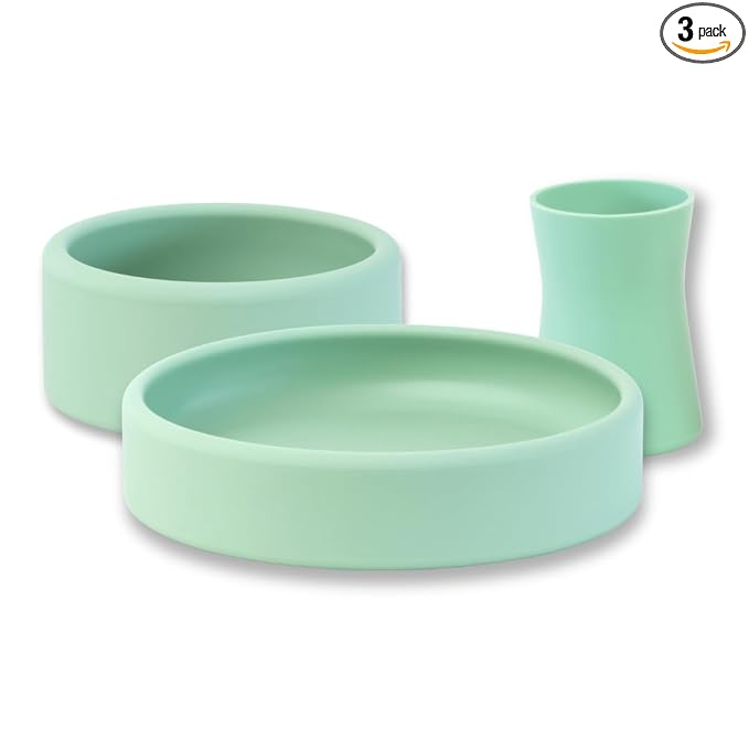 APLAINR Silicone Plate, Bowl & Cup Set for Babies and Toddlers, Weighted, Baby Feeding Set, Baby Led Weaning Supplies, Set of 3, Matcha Green