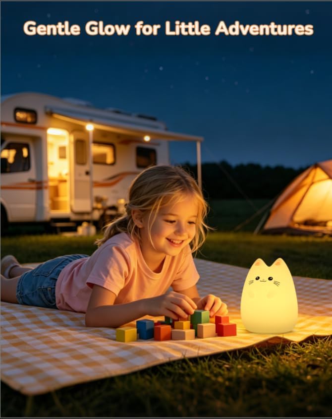 Night Light for Kids, LED Cat Squishy Animal Lamp for Baby, Soft Silicone Dimmable Bedside Touch Light with Timer, Battery Rechargeable Nightlight Girls Gifts Cute Room Decor