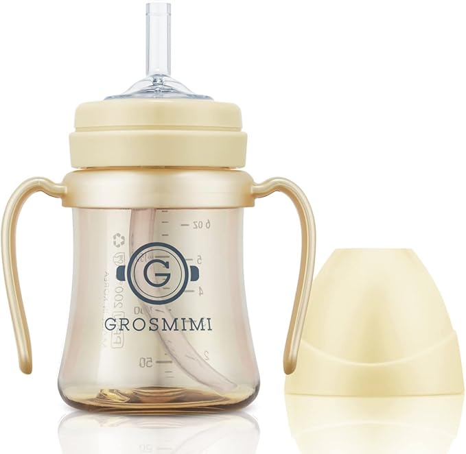 GROSMIMI Spill Proof no Spill Magic Sippy Cup with Straw with Handle for Baby and Toddlers, Customizable, PPSU, BPA Free 6 oz (Butter)