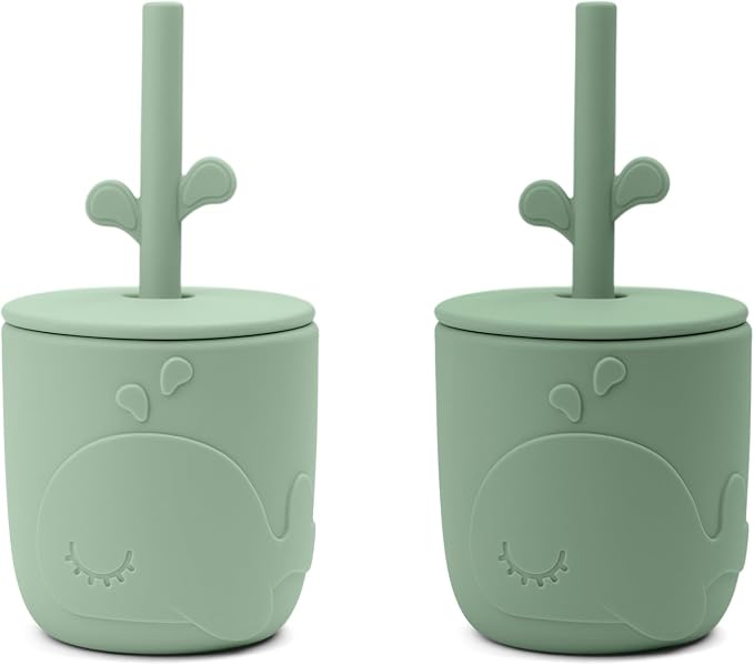 Done by Deer Peekaboo Straw Cup 2-Pack Wally Green – Toddler Cups with Straws – Spill-Proof, Easy-to-Clean, and Shatterproof