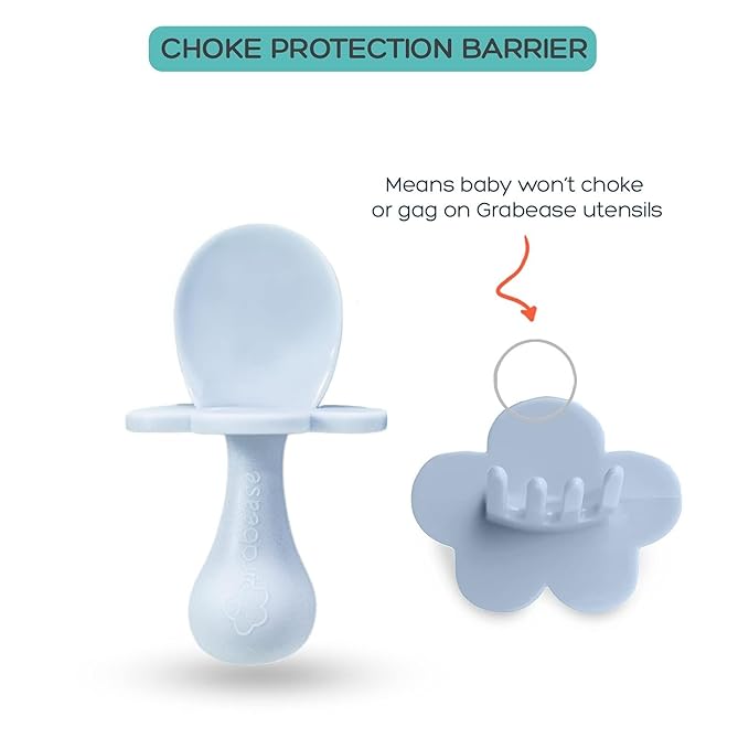 Grabease Baby Spoon & Fork Set with Case - Ergonomic Baby Utensils for Tiny Hands - Short Spoons for Self-Feeding - Training Fork for Toddlers - Ice Blue, Pack of 1