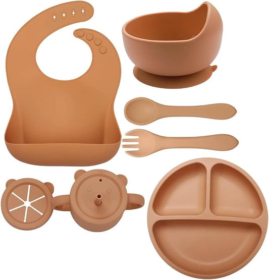 Baby Led Weaning Supplies - BPA Free, PVC Free, Latex Free, Phthalate Free Silicone - Baby Dish Set - Bib, Suction Bowl, Suction Plate, Snack Cup, Sippy Cup, Fork, Spoon - 6+ Months (Caramel)