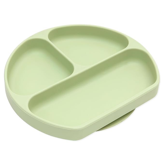 Bumkins Toddler and Baby Suction Plate, Divided Grip Dish for Babies and Kids, Baby Led Weaning, Feeding Supplies, Sticks to Tables and Highchairs, Platinum Silicone, for Chidren 6 Months, Sage
