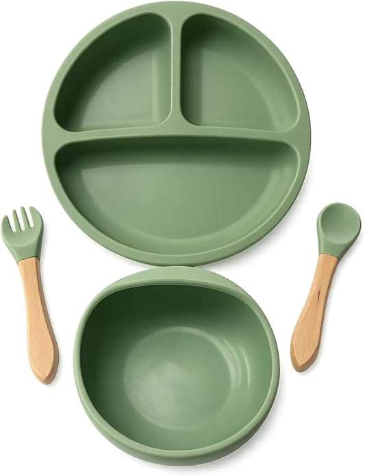 NurtureNest Silicone Toddler Feeding Set – Suction Plate & Bowl, Toddler Spoon & Fork, BPA-Free, Dishwasher Safe, Microwave Safe, Sage Green