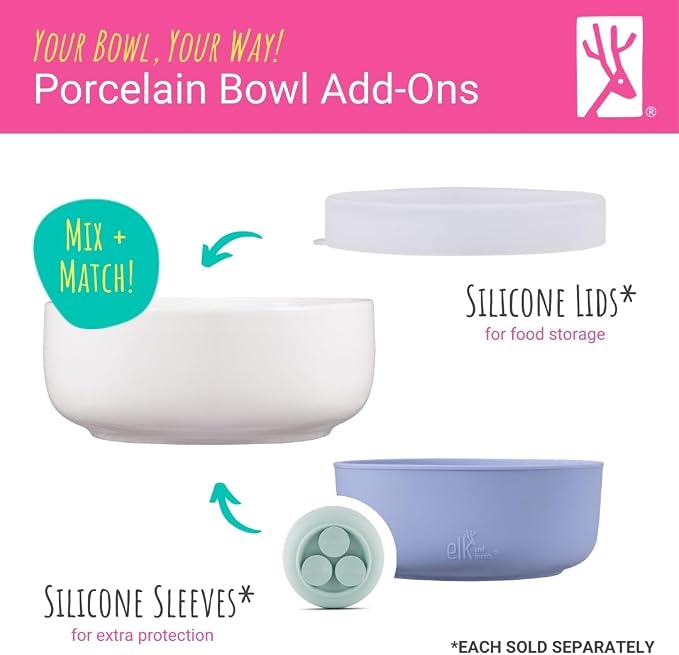Elk and Friends Kids Porcelain Bowls| Kids/Toddler/Baby Feeding | Microwave & Dishwasher Safe | Non slip | Cereal/Soup/Snack Dishes & Dinnerware | 2 Pack