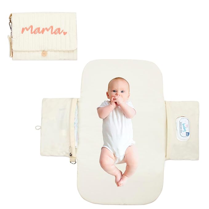 Portable Diaper Changing Pad, with, for Newborn Girl & Boy with Smart Wipes Pocket, Easy-Clean, Waterproof, Soft, Comfortable Foldable Baby Changing Pad (Cream)