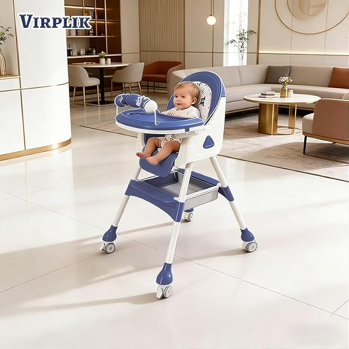 Foldable 4-in-1 Baby High Chair for Babies & Toddlers, High Chair with Detachable PU Cushion, Removable Tray, Adjustable Height, Locking Wheels,Blue
