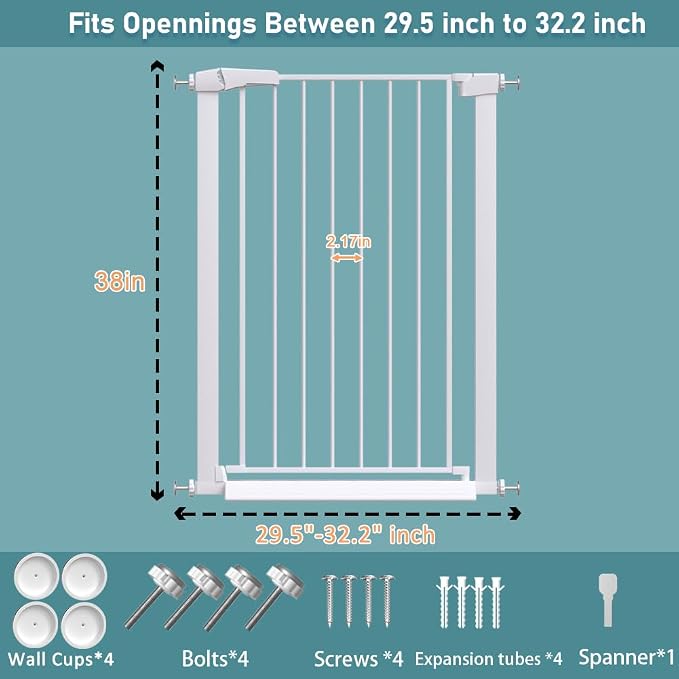Fairy Baby 38" Extra Tall Baby Gate for Stairs, Fits 29.5" to 32.2" Wide Openings, Metal Auto Close Dog Gate Indoor for the House Doorways, Pressure Mounted Pet Cat Gate for Toddler Kids, White
