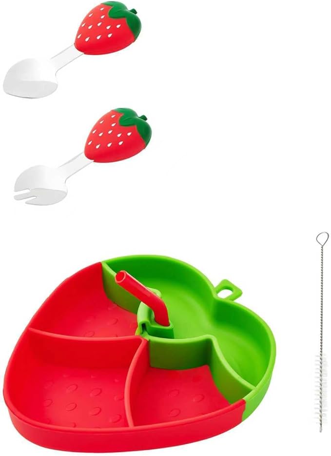 4-Piece Silicone Baby Feeding Set ??Baby Plates with Strong Suction, Toddler Plates Set, Unbreakable Food-Grade Silicone Divided Plate with Spoon, Fork & Bib