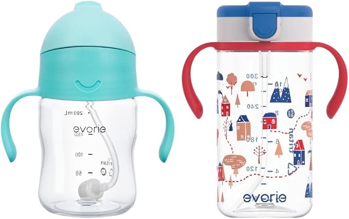 Evorie Tritan 7 Oz Weighted Straw Sippy Cup for Baby and 10 Oz Toddler Bottle with Straw and Removable Handles for School (Bumble Bee and Happy Valley)