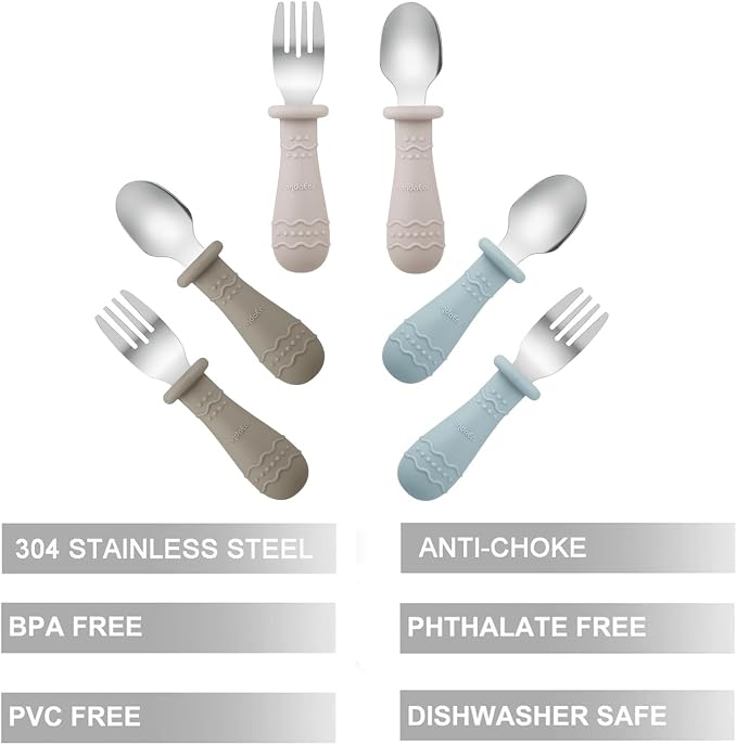 PandaEar Silicone Baby Spoons & Toddler Utensils (Light Tan/Walnut/Blue)