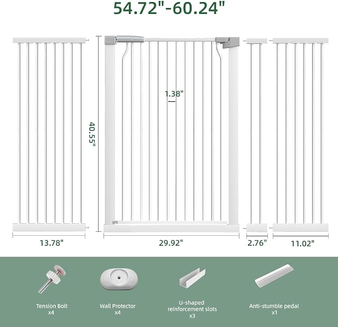 41" Tall Wide Baby Gate for Doorways Stairs, 54.7"-60.2" Extra Tall Dog Pet Gates Pressure Mounted, Large High Child Kid Safety Door Walk Thru, Auto Close Cat Proof Hallway Kitchen Indoor House, White