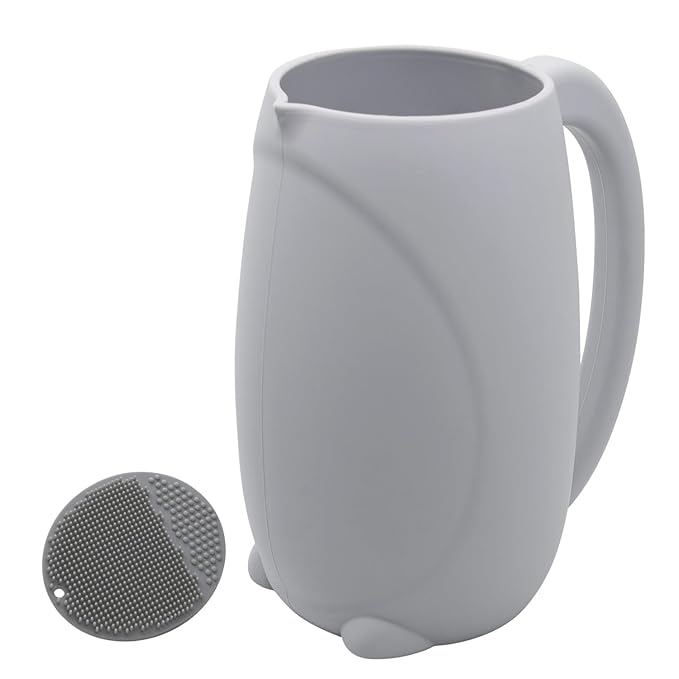 mandoo Baby Bath Rinse Cup Shampoo & Body Washing Rinser Cup for Kids with Easy Grip Handle to Rinse Baby Shower - Baby Essentials (Grey+Brush)