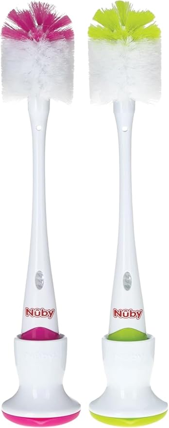 Nuby Bottle and Nipple Brush with Soft Bristles and Stand| 2 Pack: Pink & Lime Green| Bottle & Nipple Accessory Cleaning Brush with Drying Stand