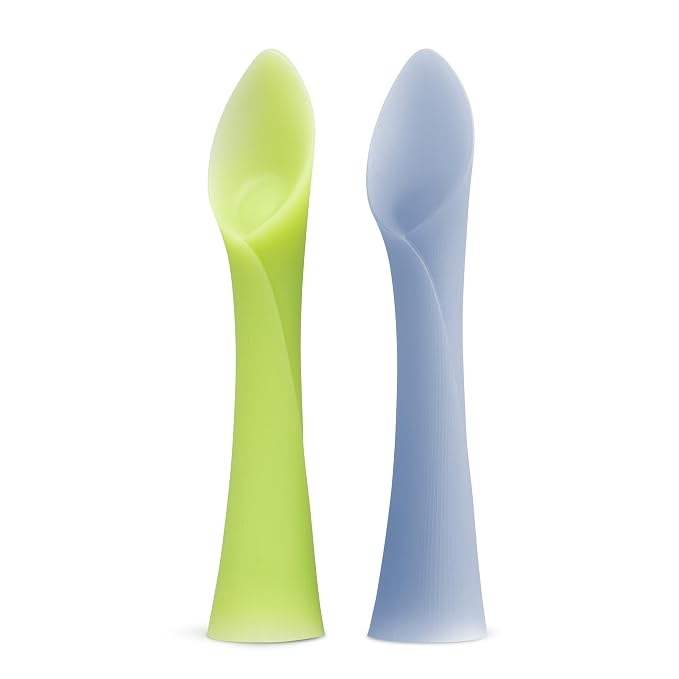 Olababy Training Spoon Set (Kiwi/Blueberry) + Olababy Clear Sense Silicone Storage Containers 4pk (Kiwi, 4 oz)
