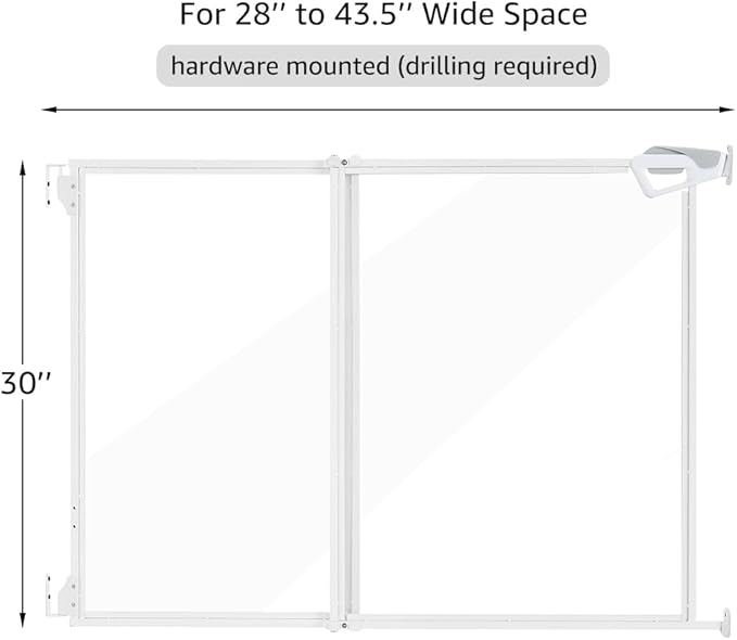 beeNbkks Hardware Mounted Clear Dog Gate (Must Drill to Install), No Bottom Bar Pet Safety Gate for Doorways Hallways Stairs, Fit for 28"-43.5" Wide Opening, 30" Tall, Indoor Outdoor Use