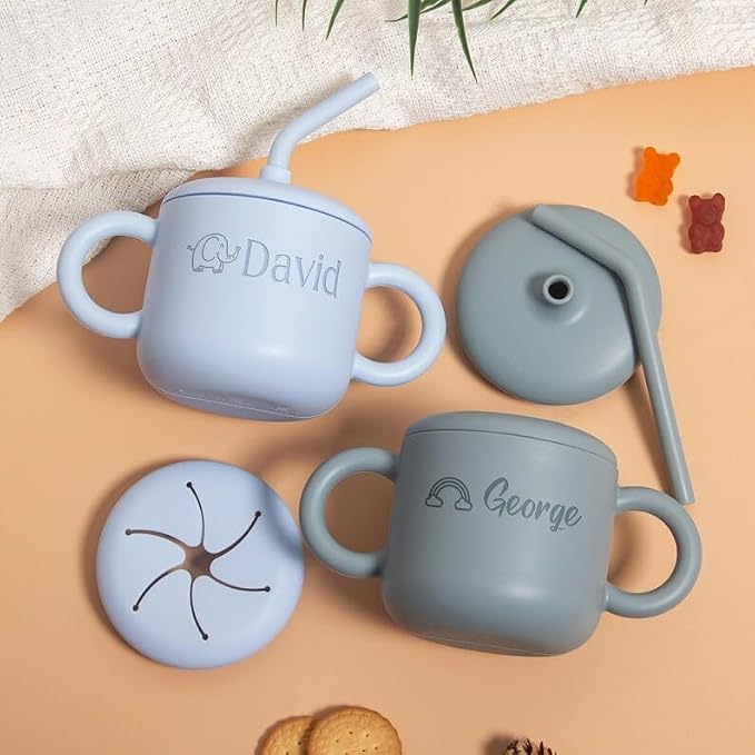 Personalized Baby Sippy Cup,Custom Silicone Snack Cups,Baby Water Cup with Lid and Handle,Engraved Name Toddler Training Cups