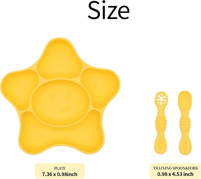 BabyX Silicone Feeding Set (3 PCs) Cove & Coast Series, Baby Plate with Suction Cup, Training Spoon and Fork, BLW Utensils for Toddler Kid, BPA-Free, Microwave/Dishwasher Safe - Yellow Sea Star