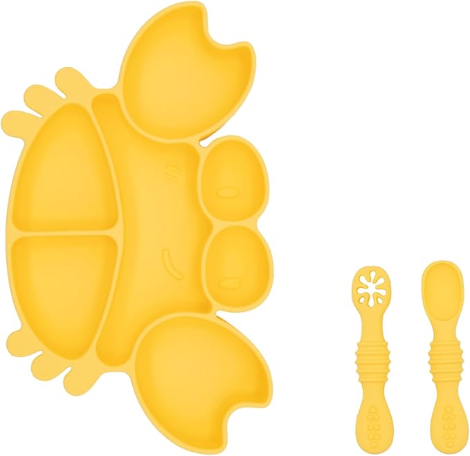 BabyX Silicone Feeding Set (3 PCs) Cove & Coast Series, Baby Plate with Suction Cup, Training Spoon and Fork, BLW Utensils for Toddler Kid, BPA-Free, Microwave/Dishwasher Safe - Yellow Crab